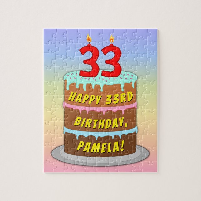 33rd Birthday: Fun Cake and Candles + Custom Name Jigsaw Puzzle (Vertical)