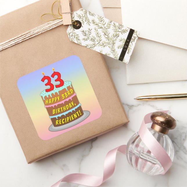 33rd Birthday: Fun Cake and Candles + Custom Name Square Sticker (Gifting)