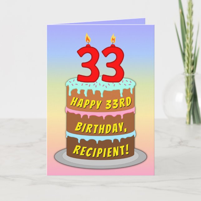 33rd Birthday — Fun Cake & Candles, w/ Custom Name Card (Front)