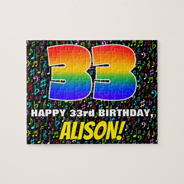 33rd Birthday — Fun, Colourful Music Symbols & “33 Jigsaw Puzzle (Horizontal)