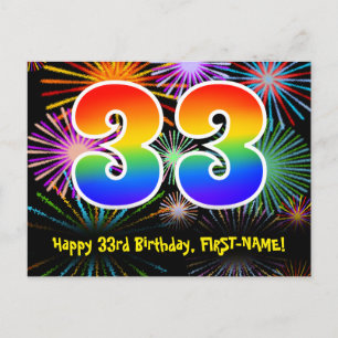 33rd Birthday – Fun Fireworks Pattern + Rainbow 33 Postcard