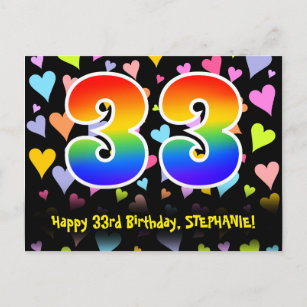 33rd Birthday: Fun Hearts Pattern, Rainbow 33 Postcard