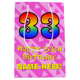 33rd Birthday: Fun Pink Hearts Stripes; Rainbow 33 Medium Gift Bag