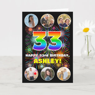 33rd Birthday: Fun Rainbow #, Custom Name & Photos Card