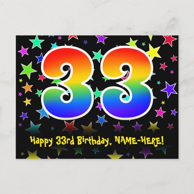 33rd Birthday: Fun Stars Pattern, Rainbow 33, Name Postcard (Front)