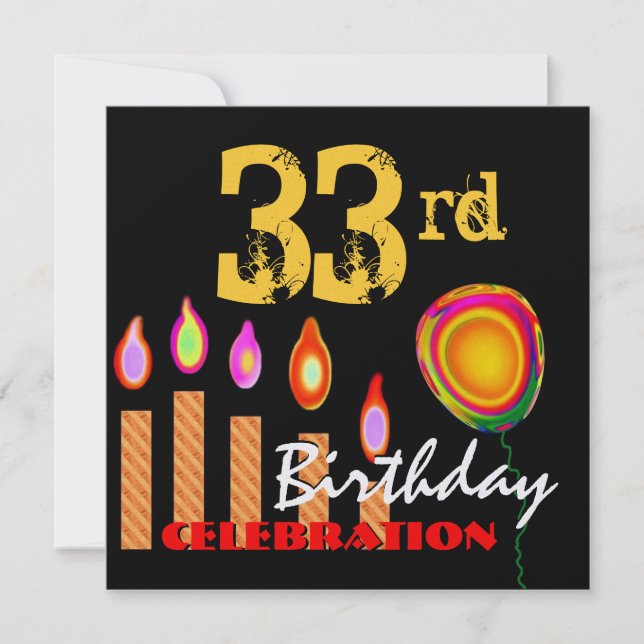 33rd Birthday Gold Candles and Balloon Metallic Invitation (Front)