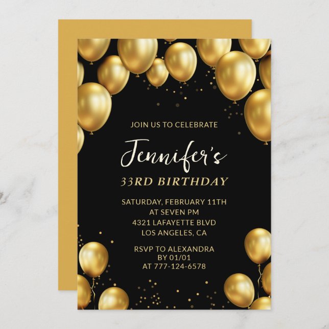 33rd birthday invitation Balloons Gold Confetti (Front/Back)