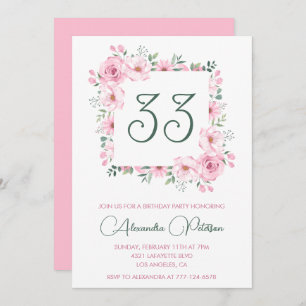 33rd birthday invitation Boho Floral Pink Elegant 
