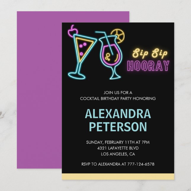 33rd birthday invitation Cocktail Neon Glow (Front/Back)