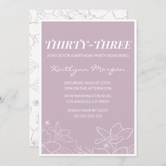 33rd birthday invitation Elegant Modern Floral (Front/Back)