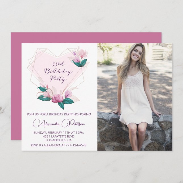 33rd birthday invitation Photo Elegant Flower (Front/Back)