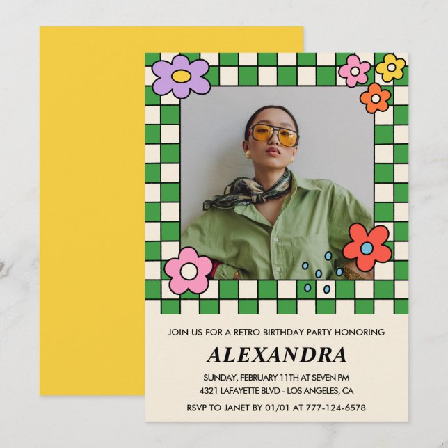 33rd birthday invitation Retro Groovy Flowers (Front/Back)