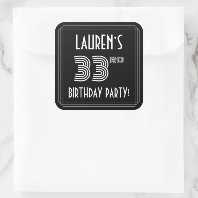 33rd Birthday Party: Art Deco Style & Custom Name Square Sticker (Bag)