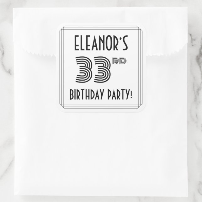 33rd Birthday Party: Art Deco Style + Custom Name Square Sticker (Bag)