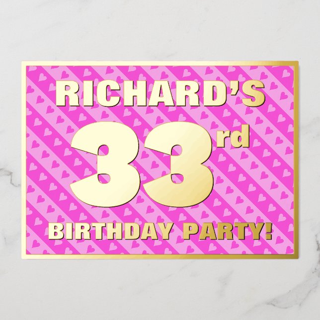 33rd Birthday Party — Fun Pink Hearts and Stripes (Front)