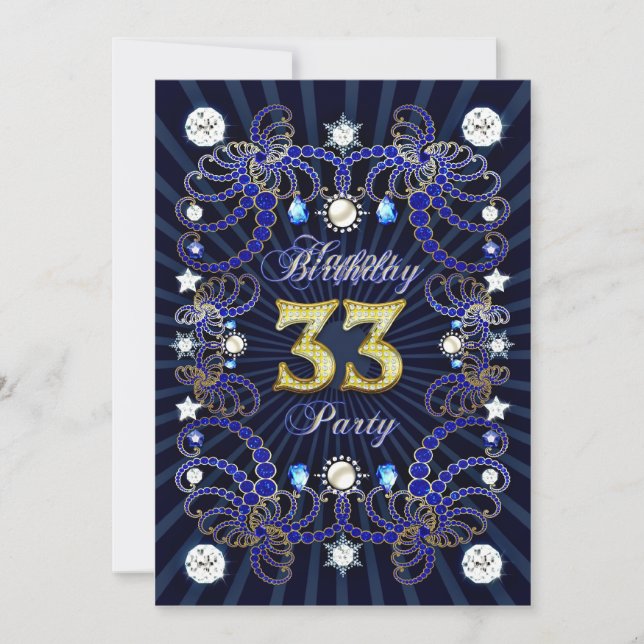 33rd birthday party invite with masses of jewels (Front)