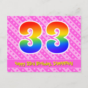 33rd Birthday: Pink Stripes & Hearts, Rainbow 33 Postcard