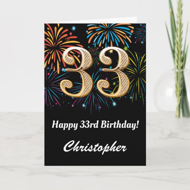 33rd Birthday Rainbow Fireworks Black and Gold Card (Front)
