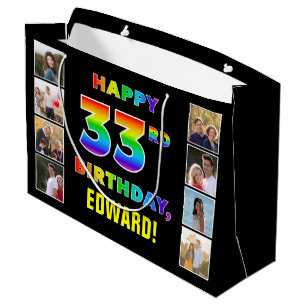 33rd Birthday: Rainbow Text, Custom Photos & Name Large Gift Bag