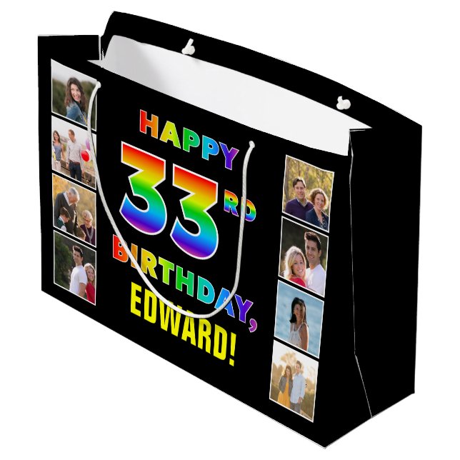 33rd Birthday: Rainbow Text, Custom Photos & Name Large Gift Bag (Back Angled)