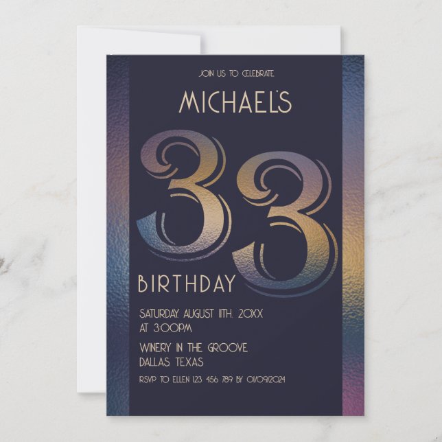 33th modern dark purple and gold birthday invitation (Front)