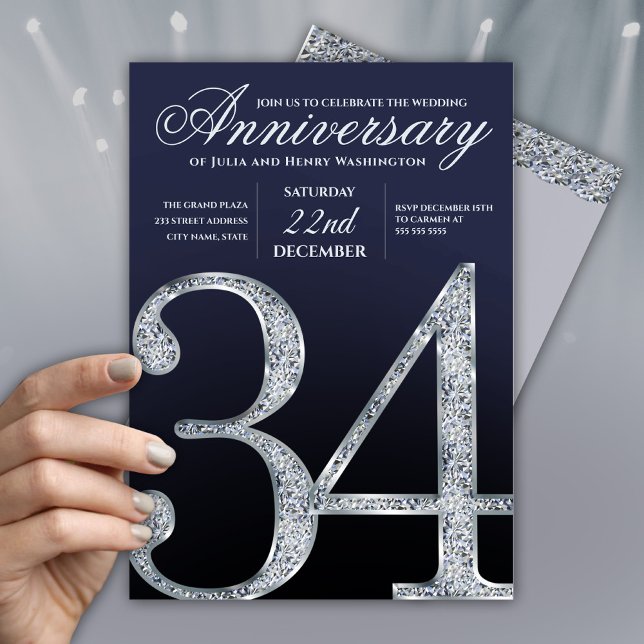 34th Anniversary Diamond Silver Navy Blue Invitation (Creator Uploaded)