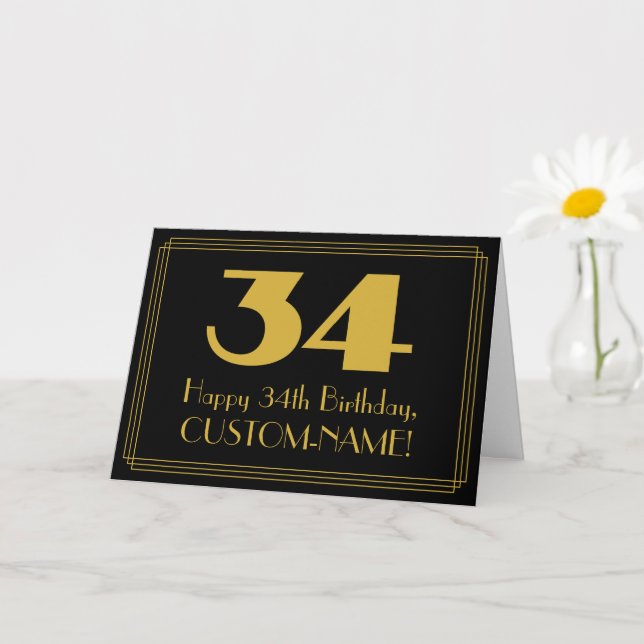 34th Birthday: Art Deco Inspired Look "34" & Name Card (Small Plant)