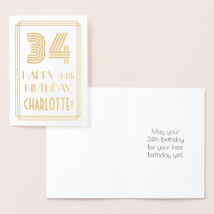 34th Birthday - Art Deco Inspired Look "34" & Name Foil Card