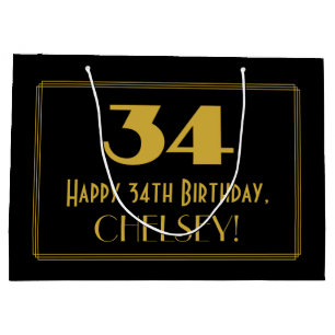 34th Birthday — Art Deco Inspired Look "34" & Name Large Gift Bag