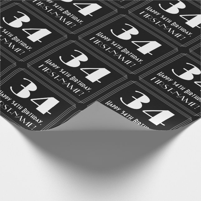 34th Birthday - Art Deco Inspired Look "34", Name Wrapping Paper (Corner)