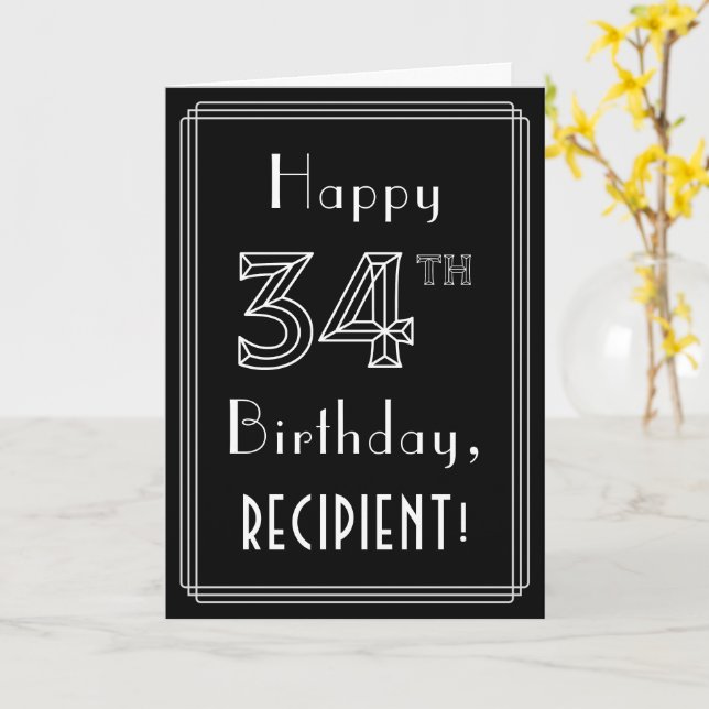 34th Birthday: Art Deco Style # 34 & Custom Name Card (Yellow Flower)