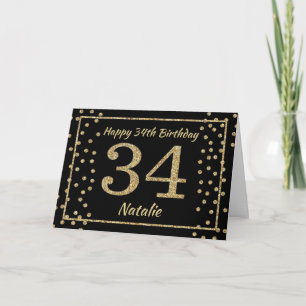 34th Birthday Black and Gold Glitter Confetti Card