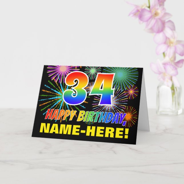 34th Birthday: Bold, Fun, Fireworks, Rainbow 34 Card (Orchid)