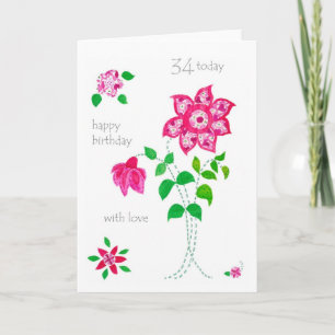 34th Birthday Card - Pink Flowers