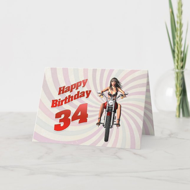 34th Birthday card with a motorbike girl (Front)