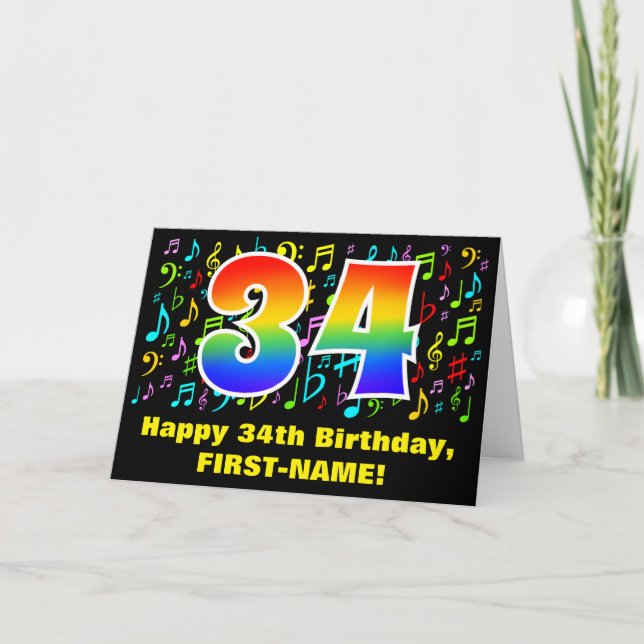 34th Birthday: Colorful Music Symbols & Rainbow 34 Card (Front)