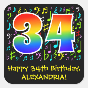 34th Birthday: Colorful Music Symbols, Rainbow 34 Square Sticker