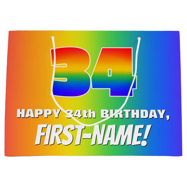 34th Birthday: Colourful, Fun Rainbow Pattern # 34 Large Gift Bag (Front)