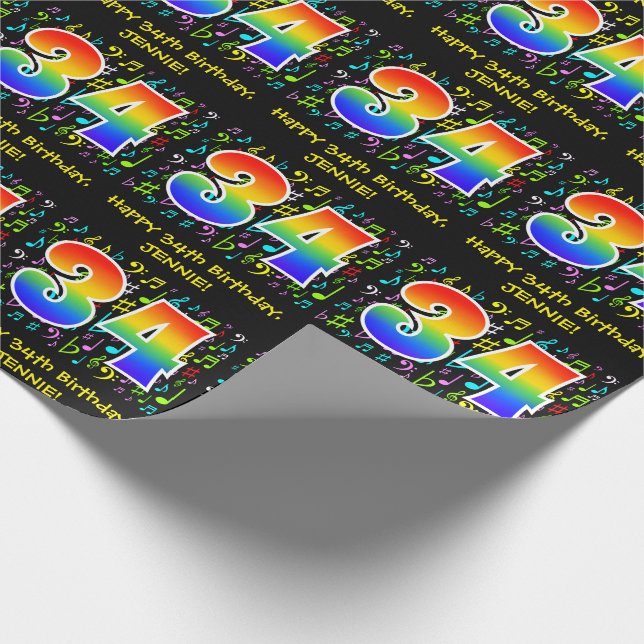 34th Birthday: Colourful Music Symbols, Rainbow 34 Wrapping Paper (Corner)