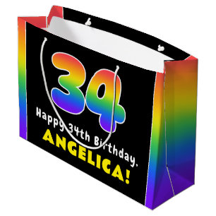 34th Birthday: Colourful Rainbow # 34, Custom Name Large Gift Bag