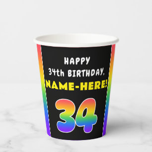 34th Birthday: Colourful Rainbow # 34, Custom Name Paper Cups
