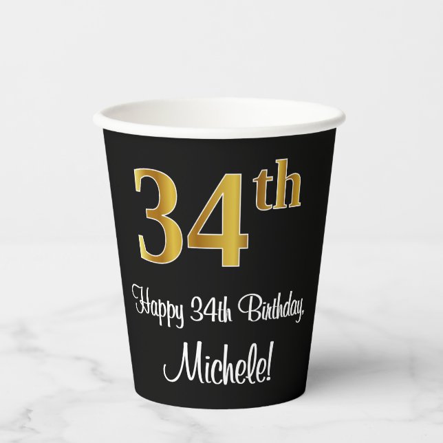 34th Birthday - Elegant Luxurious Faux Gold Look # Paper Cups (Front)