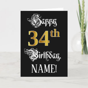 34th Birthday — Fancy Script; Faux Gold Look; Name Card