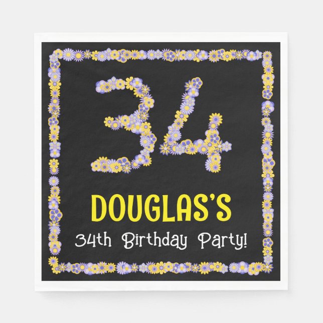 34th Birthday: Floral Flowers Number, Custom Name Napkin (Front)