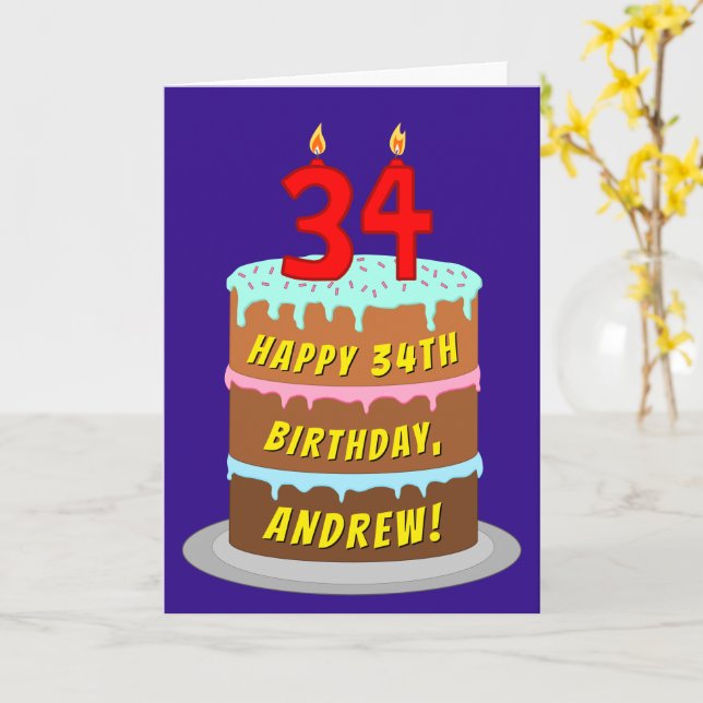 34th Birthday: Fun Cake and Candles + Custom Name Card (Yellow Flower)
