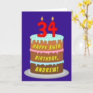 34th Birthday: Fun Cake and Candles + Custom Name Card