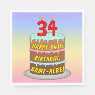 34th Birthday: Fun Cake and Candles + Custom Name Napkin