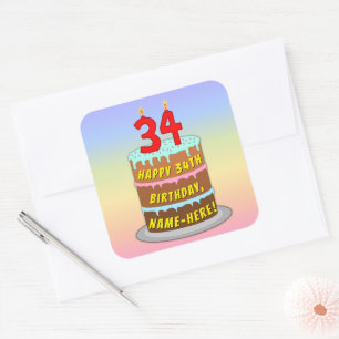 34th Birthday: Fun Cake and Candles + Custom Name Square Sticker