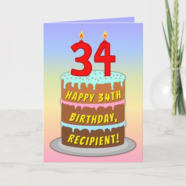 34th Birthday — Fun Cake & Candles, w/ Custom Name Card (Front)