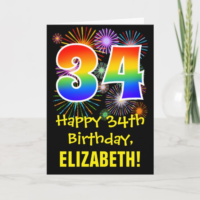 34th Birthday: Fun Fireworks Pattern + Rainbow 34 Card (Front)